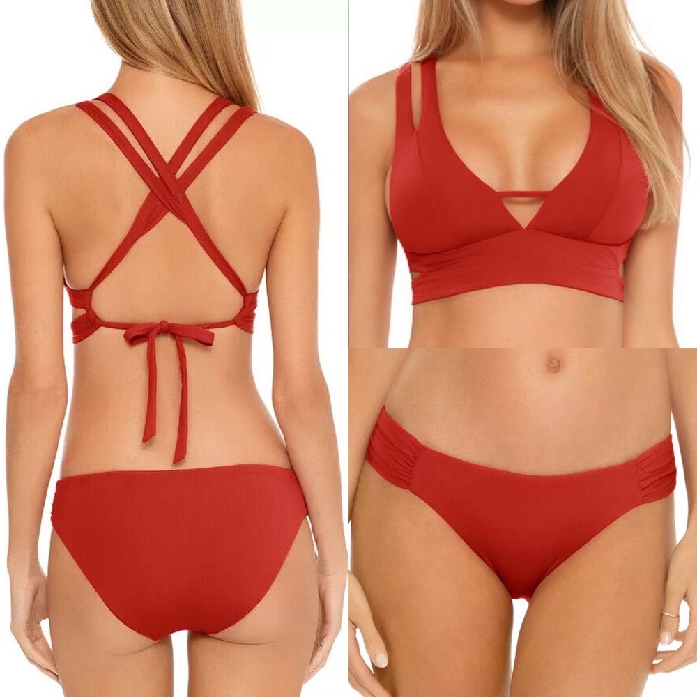 New Becca Red Adobe Fine Line Split-Strap Bikini Hipster Bottom sz L